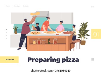 Preparing pizza together concept of landing page with big family cooking dinner at home kitchen. Happy parents and kids make dinner, spend time together. Cartoon flat vector illustration