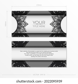 Preparing postcards in white with black ornaments. Vector Template for printable design invitation card with mandala patterns.
