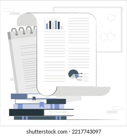 Preparación del informe. Gráficos y gráficos azules. Informes empresariales y acumulación de documentos sobre el fondo de la reflexión gris. Tabla de oficina con lápiz, bloc de notas, suministros, gráfico de análisis