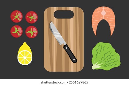 Preparing Salmon Salad Dish with Vegetables Tomatoes and Lemon. Cooking and healthy eating concept vector art