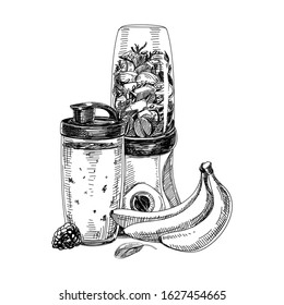 Preparing smoothie with blender, retro hand drawn sketch vector illustration. Jar of banana, fruits and berries juice vintage-style drawing on white background.
