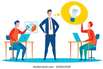 Preparing Statistical Report Vector Illustration. Top Manager Having Bright Idea Cartoon Character. Office Workers, Finance Analysts, Experts Discussing Chart. Teamwork, Cooperation at Workplace