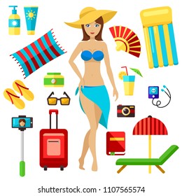 Preparing for summer beach vacation, travel, trip, journey vector set. Planning, girl packing check list. Vacation vector female elements: action camera, hat, towel, chaise longue, flip flop, cream