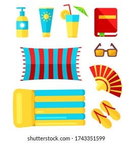 Preparándose para vacaciones de verano en la playa, viajes, viaje, viaje vectorial.  toalla, flip flop, crema