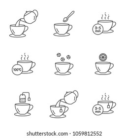 Preparing tea vector icons set outline style. Editable stroke