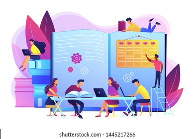 Preparing test together. Learning and studying with friends. Effective revision, revision timetables and planning, how to revise for exams concept. Bright vibrant violet vector isolated illustration