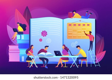 Preparing test together. Learning and studying with friends. Effective revision, revision timetables and planning, how to revise for exams concept. Bright vibrant violet vector isolated illustration