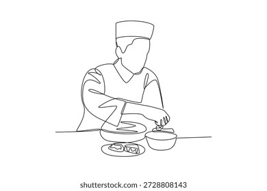 Preparando comida tradicional de Iftar. Atividade no conceito de Ramdhan. Design de desenho de linha única. Ilustração vetorial