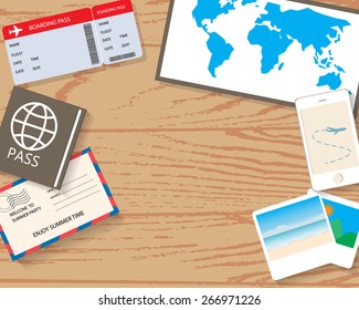 Preparing for travel, items include passport, photos, ticket, map, mobile phone  and invitation card