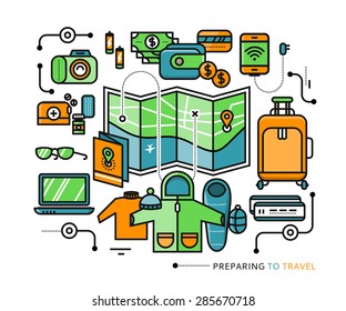 Preparing to travel. Necessary items for the journey. What to pack. Stroke icons for web design, analytic, graphic design and in flat design