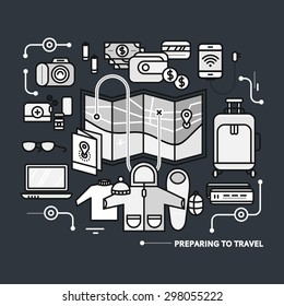 Preparing to travel. Necessary items for the journey. What to pack.  Thin, lines, outline icons for web design, analytics, graphic design and in flat design on black monochrome color background