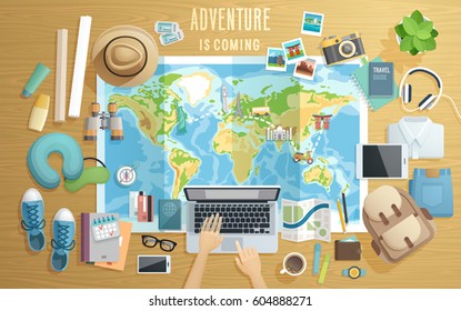 Preparing for the trip, Travel accessorieson wooden background. Vector illustration.