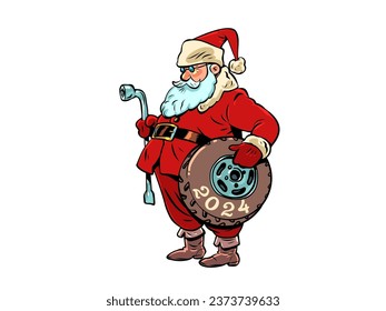 Preparing for the upcoming new year for drivers. Car repair and tire change due to winter. Santa Claus holds a wheel with the inscription 2024 and tools in his hands.