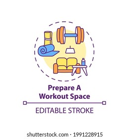 Preparing workout space concept icon. Home physical training tip idea thin line illustration. Creating motivational atmosphere. Workout mats. Vector isolated outline RGB color drawing. Editable stroke