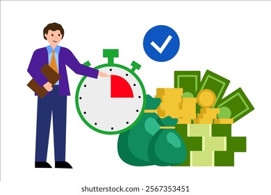 Prepayment penalty. Man with money and timer. Vector simple color flat illustration.