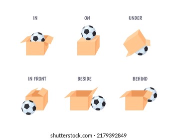 Preposition education. English prepositions cartoon ball place box position, topologia language concept under beside behind in front, child grammar vocabulary vector illustration of language learning