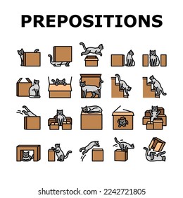 preposition english language icons set vector. position place, education school, preschool vocabulary, behind under box, learning preposition english language color line illustrations