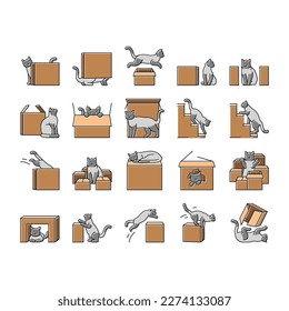 preposition english language icons set vector. position place, education school, preschool vocabulary, behind under box, learning preposition english language color line illustrations