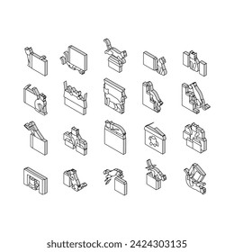 preposition english language isometric icons set. position place, education school, preschool vocabulary, behind under box, learning preposition english language color line