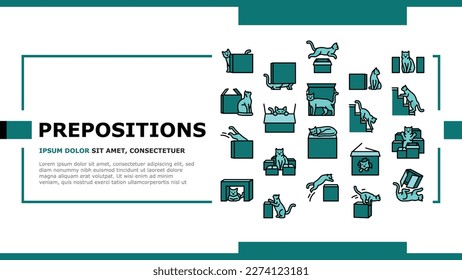 preposition english language landing web page vector. position place, education school, preschool vocabulary, behind under box, learning preposition english language Illustration