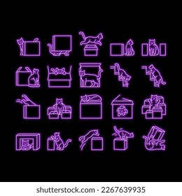 Präposition englische Sprache Neon Leuchtzeichen Vektor. Platz, Schule, Vorschulwortschatz, hinter Box, Lernpräposition Englischsprachige Illustrationen