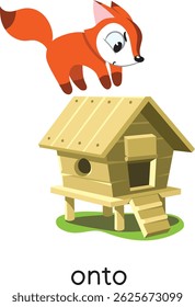 Preposition. Fox jumping ONTO the henhouse
