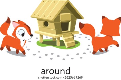 Preposition. Foxes are walking AROUND henhouse