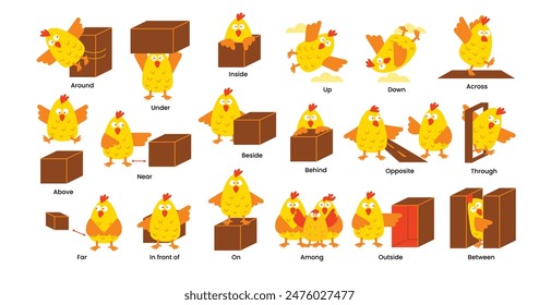 Preposition. Learning english prepositions with cute chicks. preschool educational poster with cartoon pet, language grammar study decent vector banner, topologia language, grammar vocabularies.