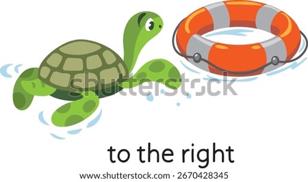 Preposition. Lifebuoy TO THE RIGHT of the turtle