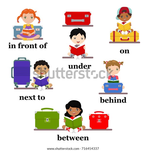 就学前の動議の前置詞 教育用ワークシート 絵の英語の文法 異なる国籍や人種の子どもたちは本を読み スーツケースを使って前置きを説明する のベクター画像素材 ロイヤリティフリー