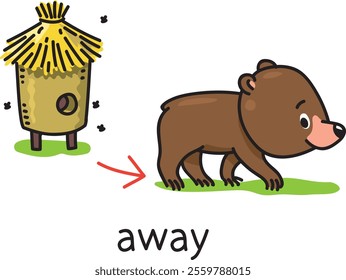 Preposition of movement. Bear goes AWAY from beehive