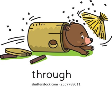Preposition of movement. Bear running THROUGH the beehive
