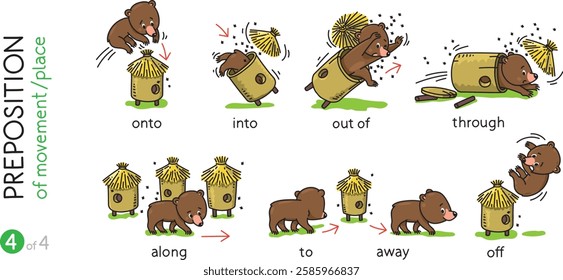 Preposition of movement. Funny bears cartoon set