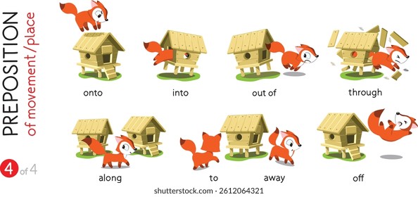 Preposition of movement. Funny foxes cartoon set