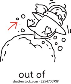 Preposition of movement. Penguin falls out of a snowball