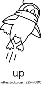 Preposition of movement. Penguin is flying up