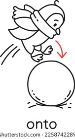 Preposition of movement. Penguin jumps onto the snowball