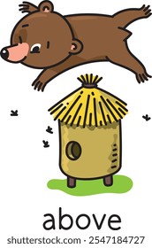 Preposição do lugar. Urso acima da colmeia