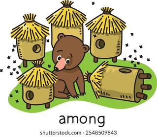 Preposition of place. Bear among the beehives