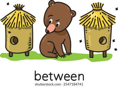 Preposition of place. Bear between the beehives