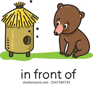 Preposition of place. Bear in front of the beehive