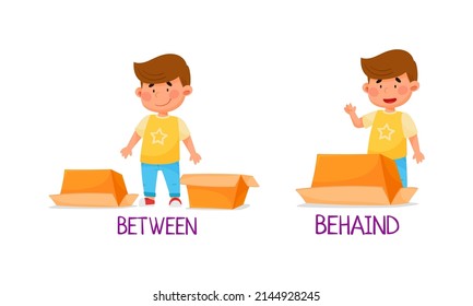 Preposition of place with boy standing between and behind the box cartoon vector illustration