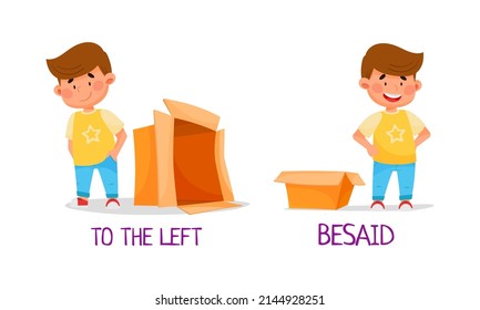 Preposition of place with boy standing to the left and beside box cartoon vector illustration