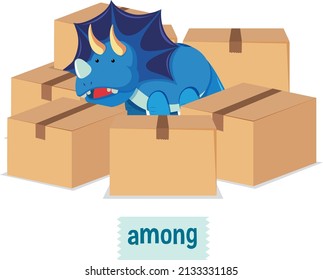 Preposition of place with cartoon dinosaur and boxes illustration