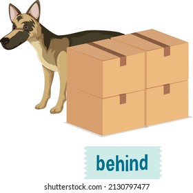 Preposition of place with cartoon dog and a box illustration