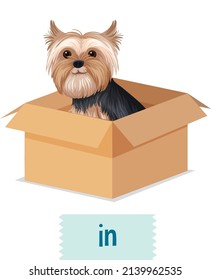 Preposition of place with cartoon dog and a box illustration