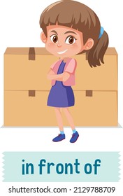 Preposition of place with cartoon girl and a box illustration