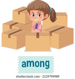 Preposition of place with cartoon girl and a box illustration