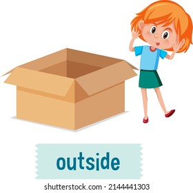 Preposition of place with cartoon girl and a box illustration