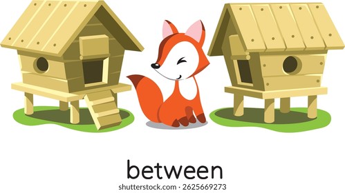 Preposition of place. Fox BETWEEN the henhouses